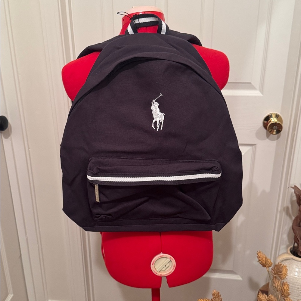 Ralph Lauren Black Polo Signature Backpack with White Trim